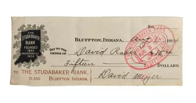 Vintage 1914 The Studabaker Bank Bluffton IN Indiana Paper Check L3