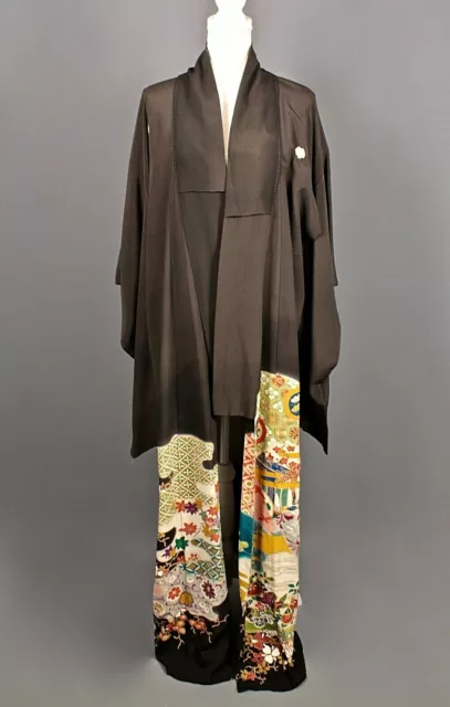 VTG Women's 50s Long Black Japanese Kimono Sz L 1950s Robe