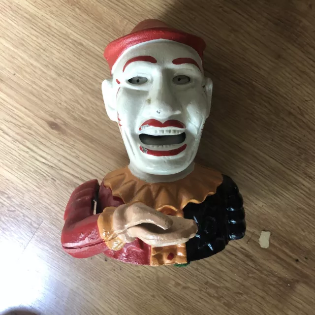 Vintage Reproduction Cast Iron Jester Clown Mechanical Metal Coin Bank