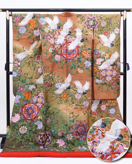 Uchikake Kimono Japan Irouchikake Pure Silk Matt Orange Green Money Uchikake Kimono Japan Irouchikake Pure Silk Matt Orange Green Money