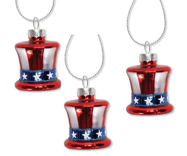 Uncle Sam American Hat Glass Ornaments - Set of 12 Glass, Patriotic Ornaments,