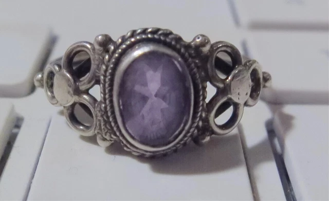 925 Sterling Silver Ladies Vintage Dress Ring, Amethyst. Size M 1/2
