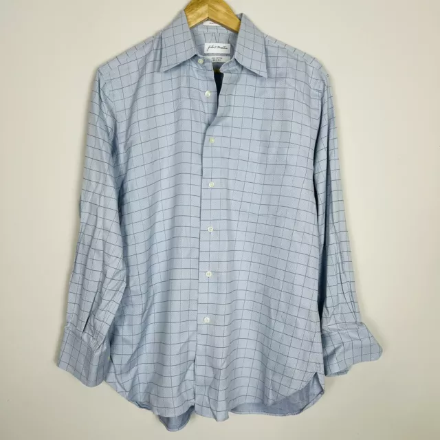 John W Nordstrom Dress Shirt 47 Chest Blue Gray Check Traditional Fit Button Up