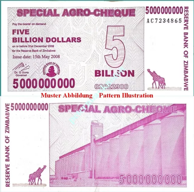 SIMBABWE/ZIMBABWE 5 BILLION Dollars 2008 Unc AGR-CHEQUE P61 6250# Kassenfrisch..