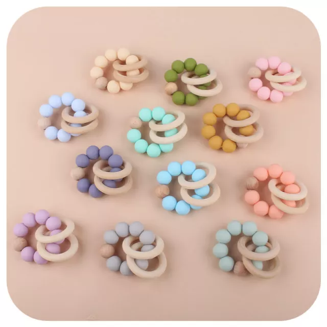 Natural Wooden Ring Silicone Beads Baby Teething Sensory Bracelets Teether  Toys