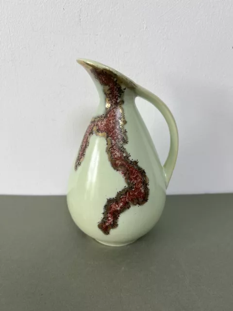 Vintage Mid Century Jasba Keramic Ewer Vase, Red ‘Lava’ on Pale Celadon Green