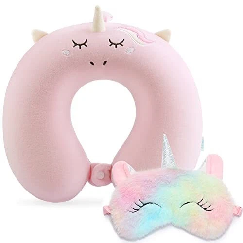 Kids Travel Pillow,Unicorn Toddler Neck Pillow for Traveling w/ Eye Mask,UShaped