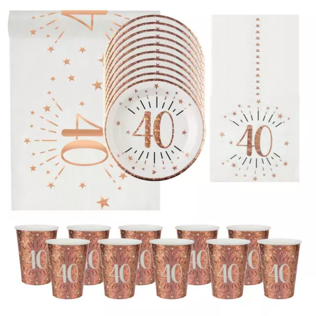 Rose Gold 40th Birthday Partyware | Napkins Plates Cups Table Runner Sparkle