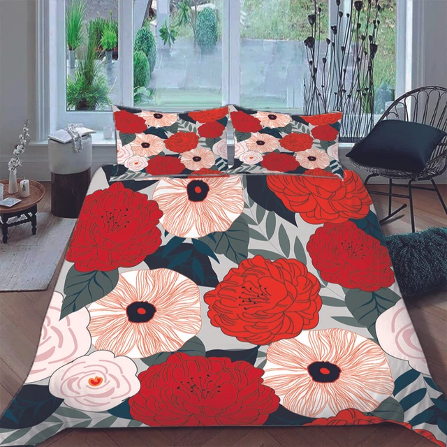 RED BRILLIANT FLOWERS Duver /doona Cover Double Comfort Queen Bedding