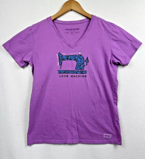 Life is Good Shirt Love Machine Size M Purple Sewing Machine Short Sleeve V-Neck