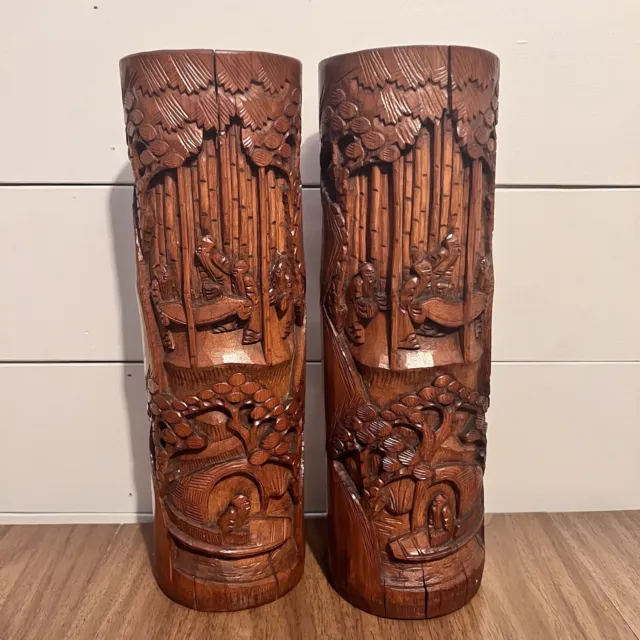 Bamboo Carved Bitong Brush Pots Antique Large Pair 19th Century 14 3/4” Tall
