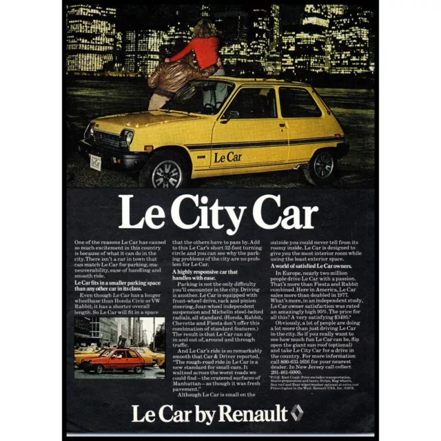 1978 Renault Le City Car Yellow Hatchback Vintage Print Ad NYC Skyline Wall Art