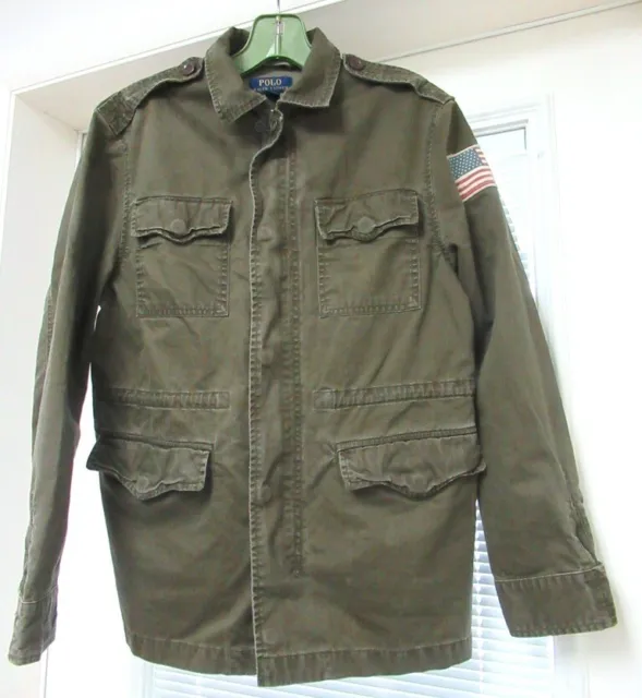 Polo Ralph Lauren Distressed Green Military Jacket USA Flag  Boy's Large 14-16