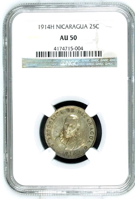 Nicaragua 1914-H 25 Centavos ~ Sun Over Mountains ~ Ngc About Uncirculated 50