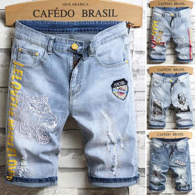 Men Denim Shorts Casual Slim Short Jeans Ripped Embroidery Stretch Tapered Pants