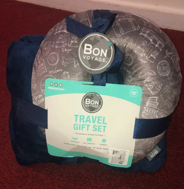 Bon Voyage Memory Foam Travel Pillow & Cozy Velvet Blanket Set Grey/Blue Unisex