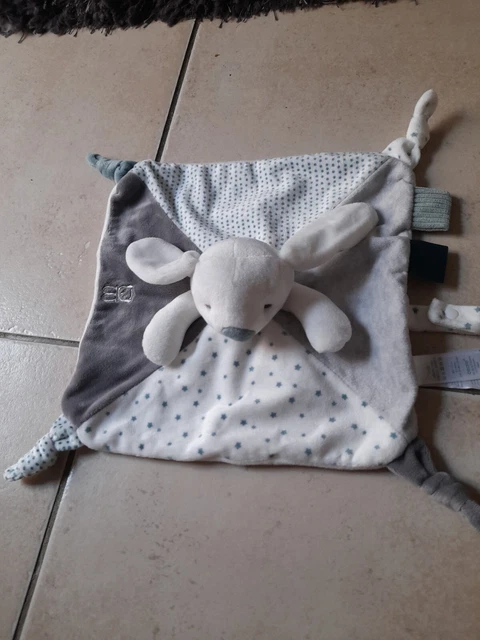 Doudou Plat Lapin Obaibi Gris Etoiles Bleues