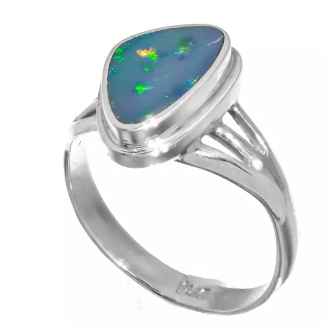 925 Sterling Silver Blue Natural Australian Opal Sterling Sz 8 Ring