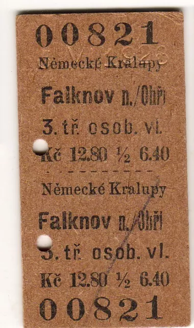 Railway  ticket Czech Rly Deutsch Kralupy - Falknov 1928