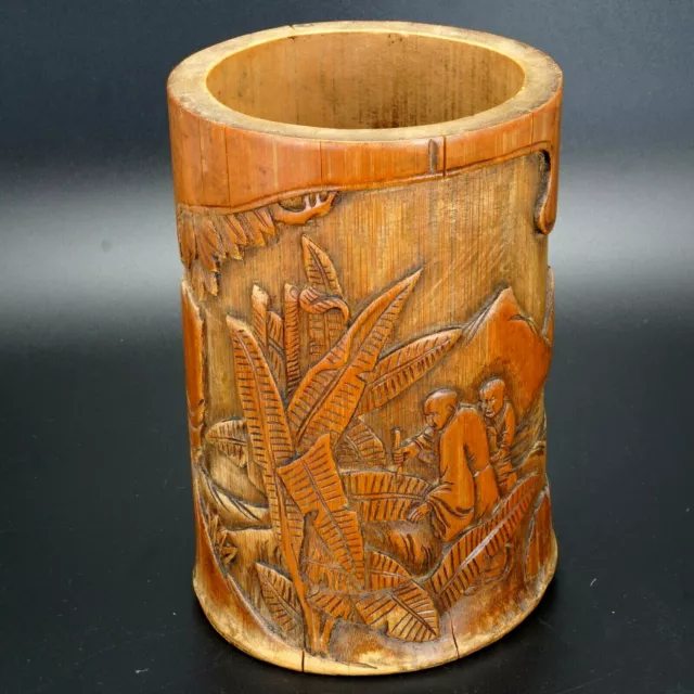 Chinese carved bamboo brush pot bitong scholars bananas late 19th/early 20th C