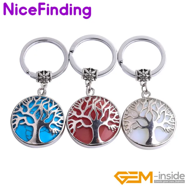 2 inches Natural Assorted Stone Tree Chakra Keychains Key Rings Jewelry Gift Gem