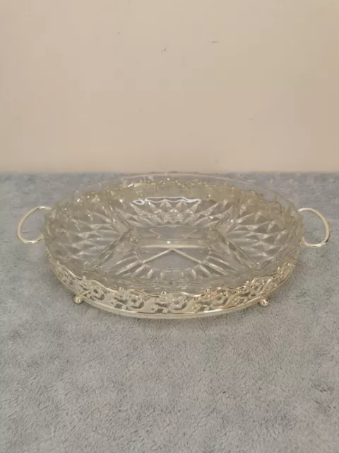 Lovely Vintage Silver Plated 4 Section Clear Cut Glass Serving Platter Dish✨✨✨