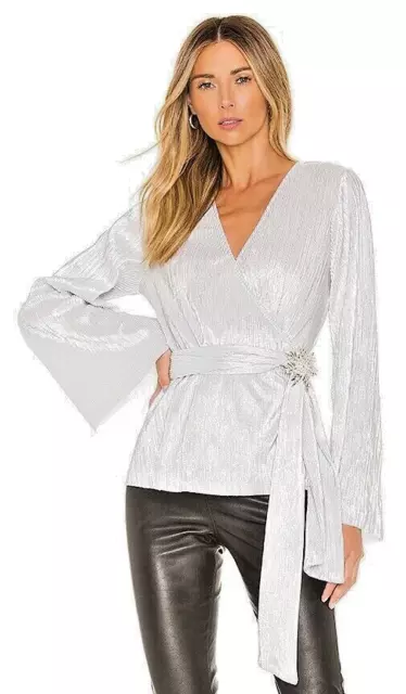 Revolve x House Of Harlow Vina Wrap Blouse Bell Sleeves Silver Metallics XS NWT