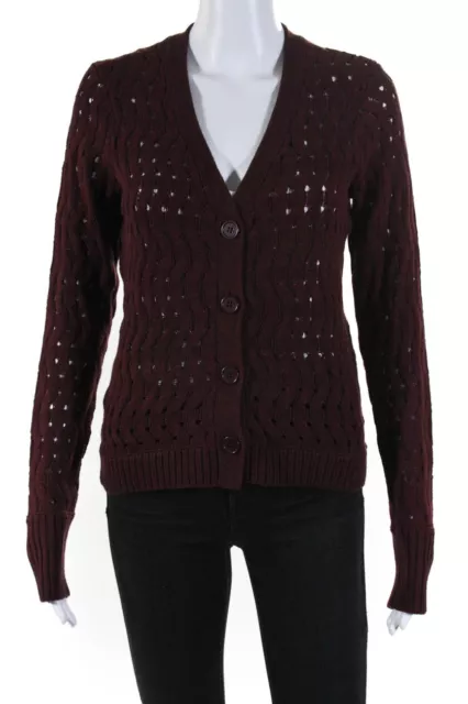 Ecru Womens Fancy Stitch V Neck Cardigan Sweater Burgundy Size Extra Small