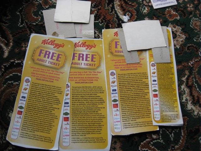 4x KELLOGG'S VOUCHERS-FREE ENTRY 1 ADULT/CHILD, VALID UNTIL 31/12/2023 -MERLIN 3