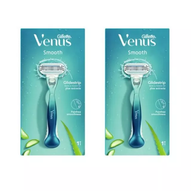 2 x Gillette Venus Smooth with Aloe Vera Razor Handle with 1 Refill Cartridge