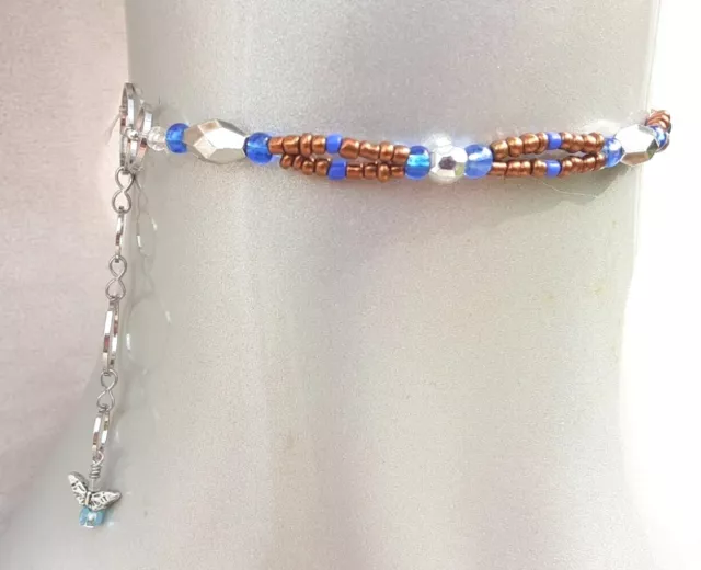 Anklet Jewelry Blue Brown Silver Beaded Chain Butterfly 2 Strand