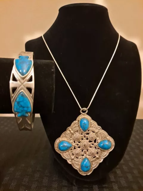 Turquoise Color Southwest Hallmarked Pewter Bracelw. Pendant, 925 Silver chain