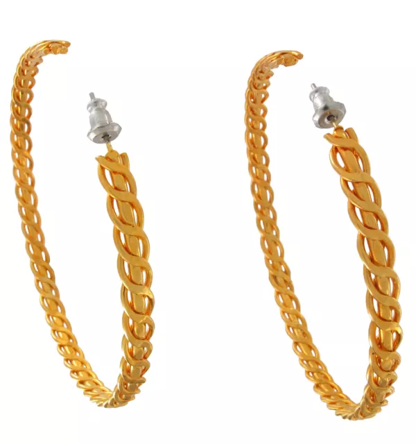 Pierced Earrings Large Gold Tone Hammered Flat Curved Twist Textured Hoop 2 1/4"