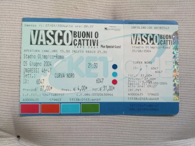 Biglietto Concerto VASCO ROSSI Buoni o Cattivi Tour 2004 ROMA Ticket