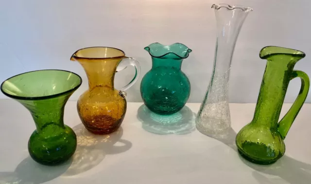 VINTAGE CRACKLE GLASS~MINIATURES~5 Lot~HANDBLOWN~GREEN AMBER / HONEY CLEAR TEAL