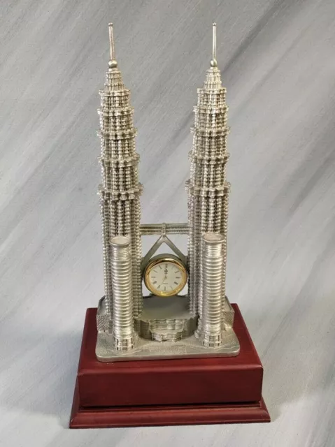 Petronas Tower Metal Souvenir Building and Clock, Cast Pewter on Wood Base - 12"