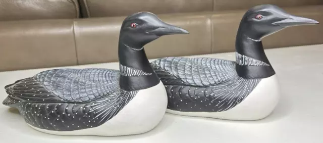 Pair Hand Painted Ceramic Loon Figures 9.5" Maine Northwoods Camp Cabin Decor