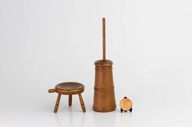 Vintage Miniature Wooden Milking Stool, Butter Churn, Turner, Made Fremont, NH