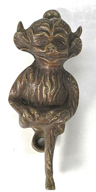 Vintage Brass Door Knocker Monkey Gargoyle Patina 3 1/2" Tall Mid Century Mod