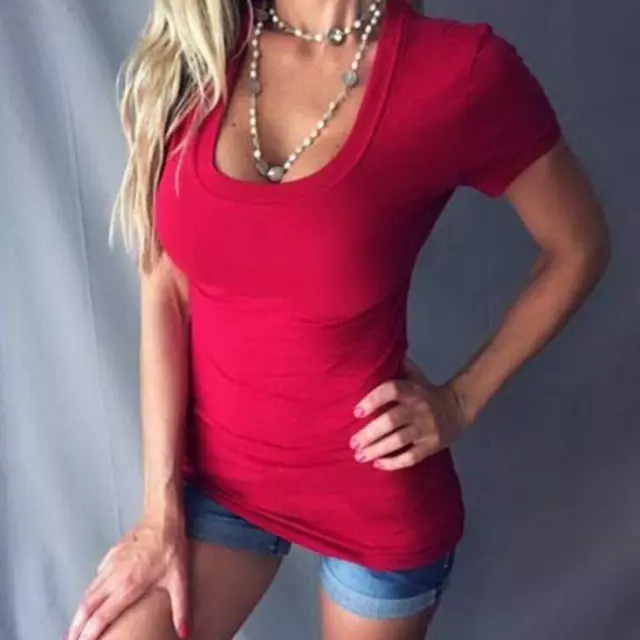 WOMEN'S SEXY DEEP V-neck Fitted Short Sleeve Stretch Basic Tee
