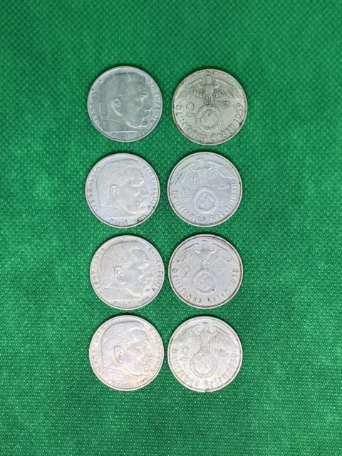 Third Reich WW2 German 2 Reichsmark Hindenburg Silver Coins LOT OF 8