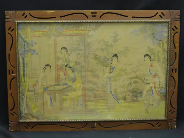FINE ANTIQUE 19c QING CHINESE COURTIERS IN GARDEN SCENE PAINTING  村书法合璧 立轴 设色水墨絲