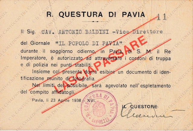1938 Questura Pavia TIMBRO gabinetto Lasciapassare BALDINI Il Popolo tessera