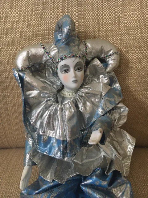 VINTAGE 17" Harlequin Mardi Gras Jester Clown Porcelain Doll Silver Blue Teal