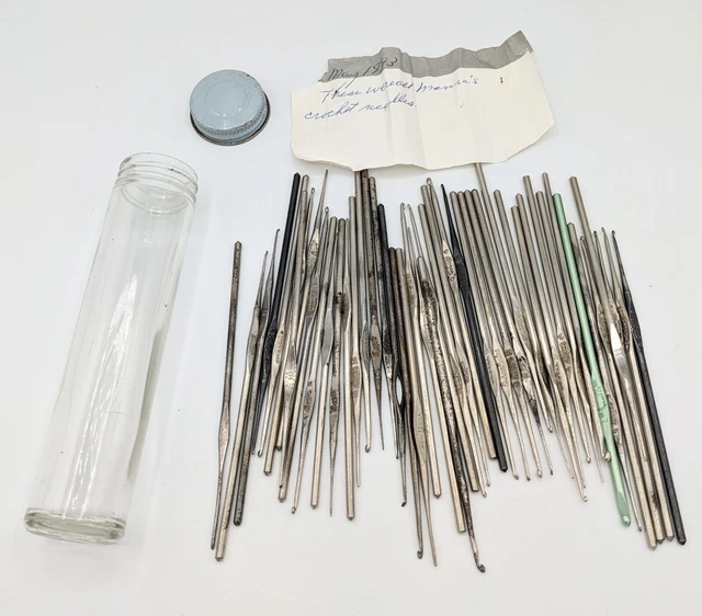 Vintage Crotchet Hook Lot in Glass Jar w Note, Mostly Boye Hooks Made USA Vintage Crotchet Hook Lot in Glass Jar w Note, Mostly Boye Hooks Made USA