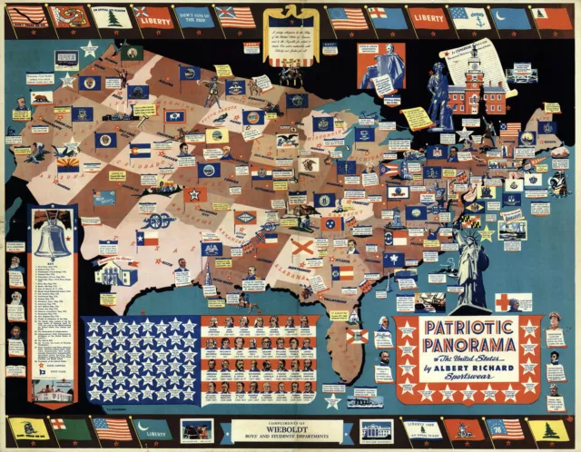 Midcentury Map Patriotic Panorama USA Emblems Flags Coats-of-Arms Vintage School
