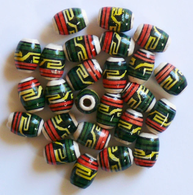 25 Keramik Perlen Olive oval 14 mm,grün gelb rot Rasta, Indianer Schmuck basteln
