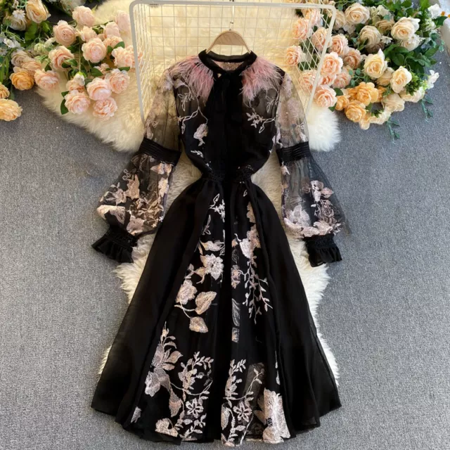 Lady Floral Embroidery Dress Mesh Long Puff Sleeve Midi Sheer Bow Feather Summer 2