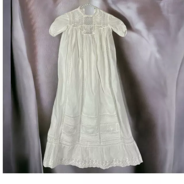 Antique Edwardian Baby Christening Gown Cotton Lawn & Lace White