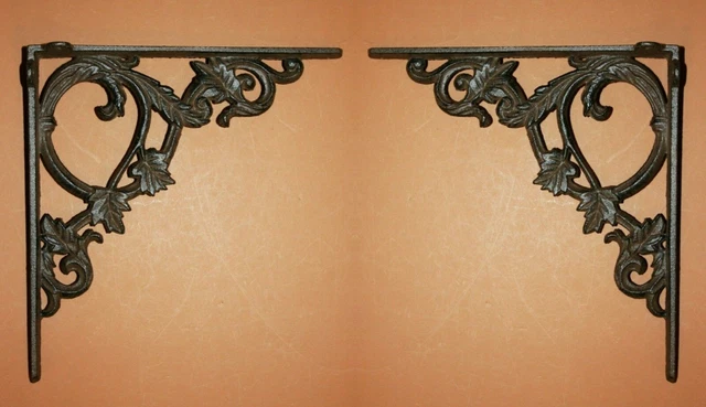 2 Large Cast Iron Shelf Brackets Elegant Leaf Vine Garden Design,  9 3/8" , B-37